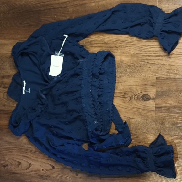 Tularosa Navy Blue Sheer Polka Dot Wrap Top KKK - Picture 1 of 8